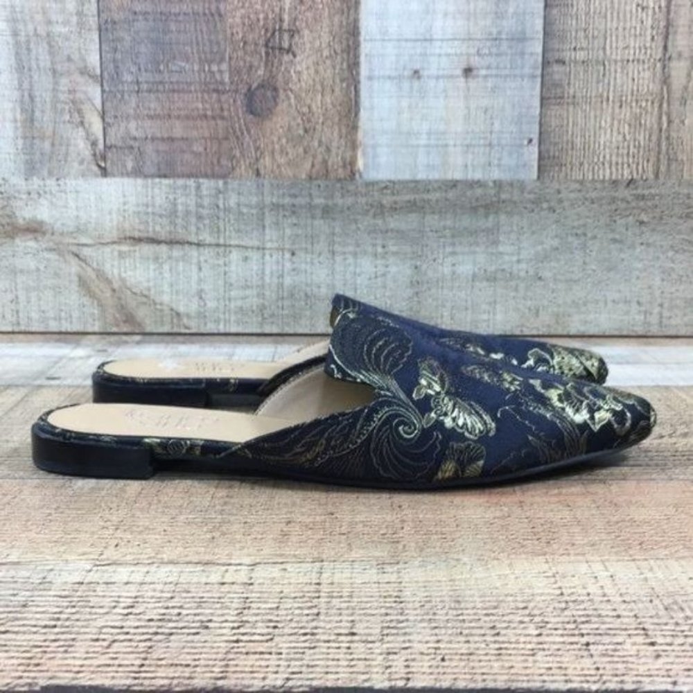 Franco Sarto‎ Black Gold Baroque Russo Mules Womens 6M Pointed Toe Flats Slides